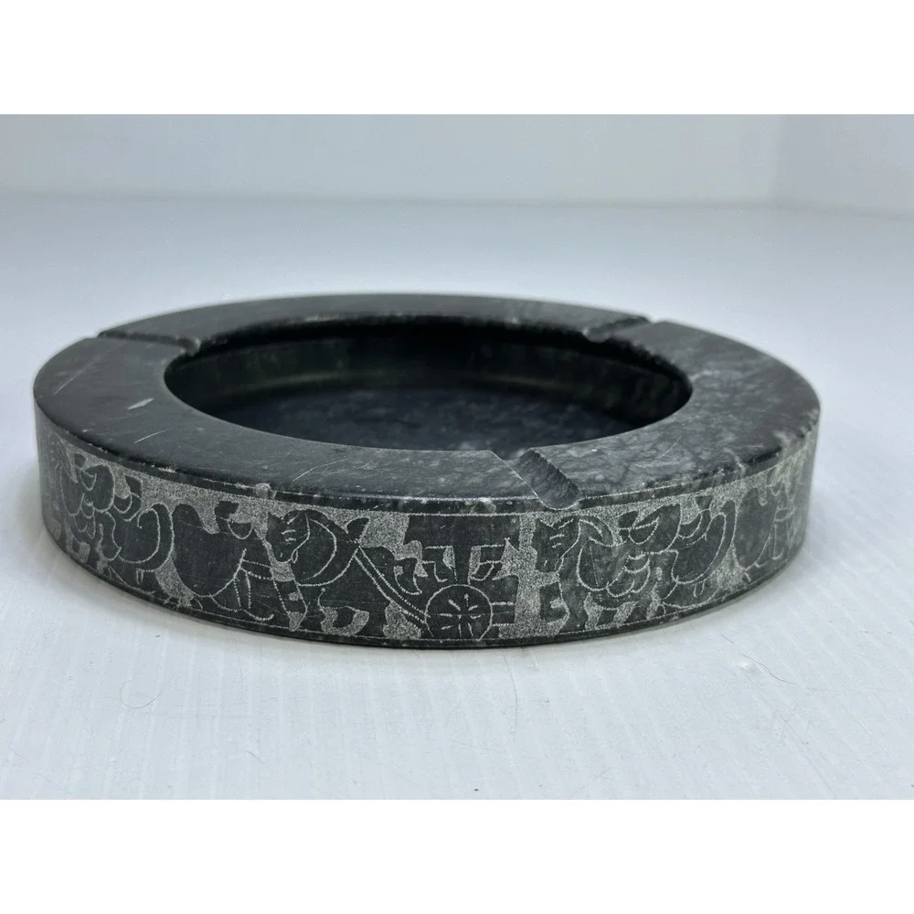 Vintage Black Stone Ashtray Carved Animals Horse Wagon Marble Soapstone Heavy